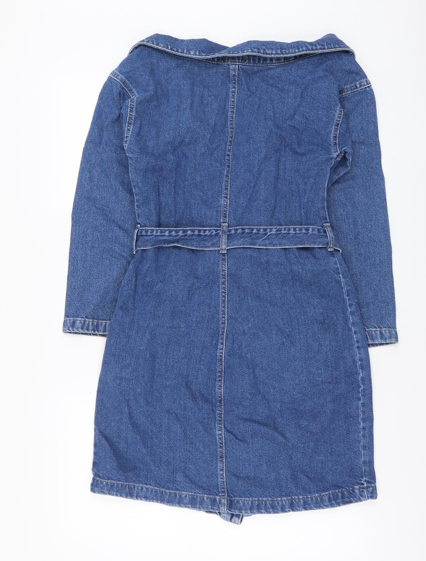 Boohoo Womens Blue Cotton A-Line Size 10 V-Neck Button