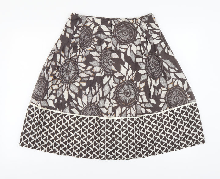 Marks and Spencer Womens Brown Geometric Cotton A-Line Skirt Size 8 Zip