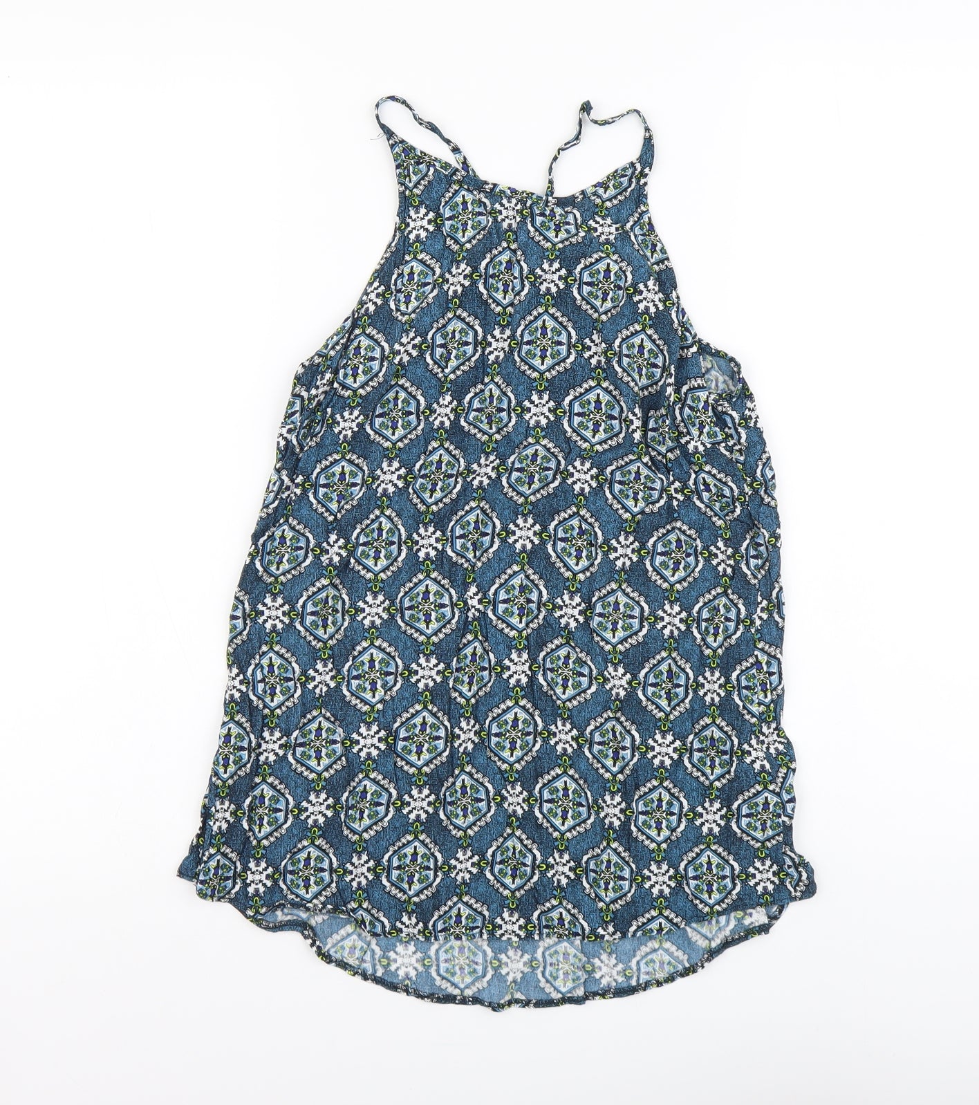 New Look Womens Blue Geometric Polyester Basic Tank Size 8 Round Neck