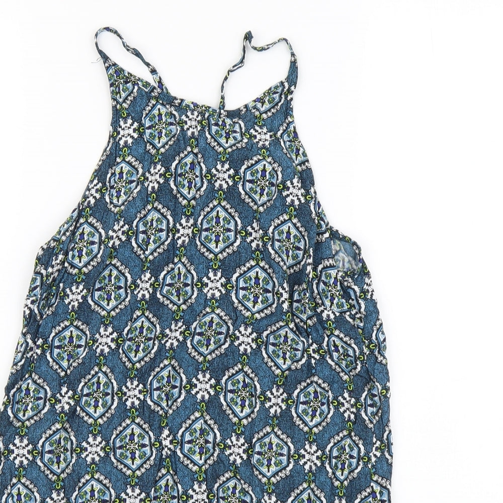 New Look Womens Blue Geometric Polyester Basic Tank Size 8 Round Neck