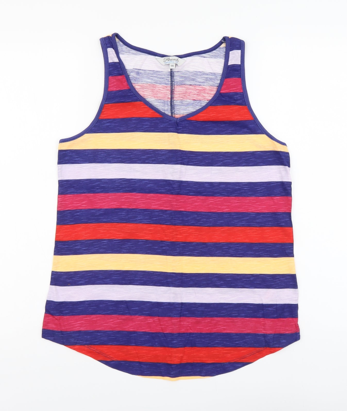 Peacocks Womens Multicoloured Striped Cotton Basic Tank Size 14 V-Neck