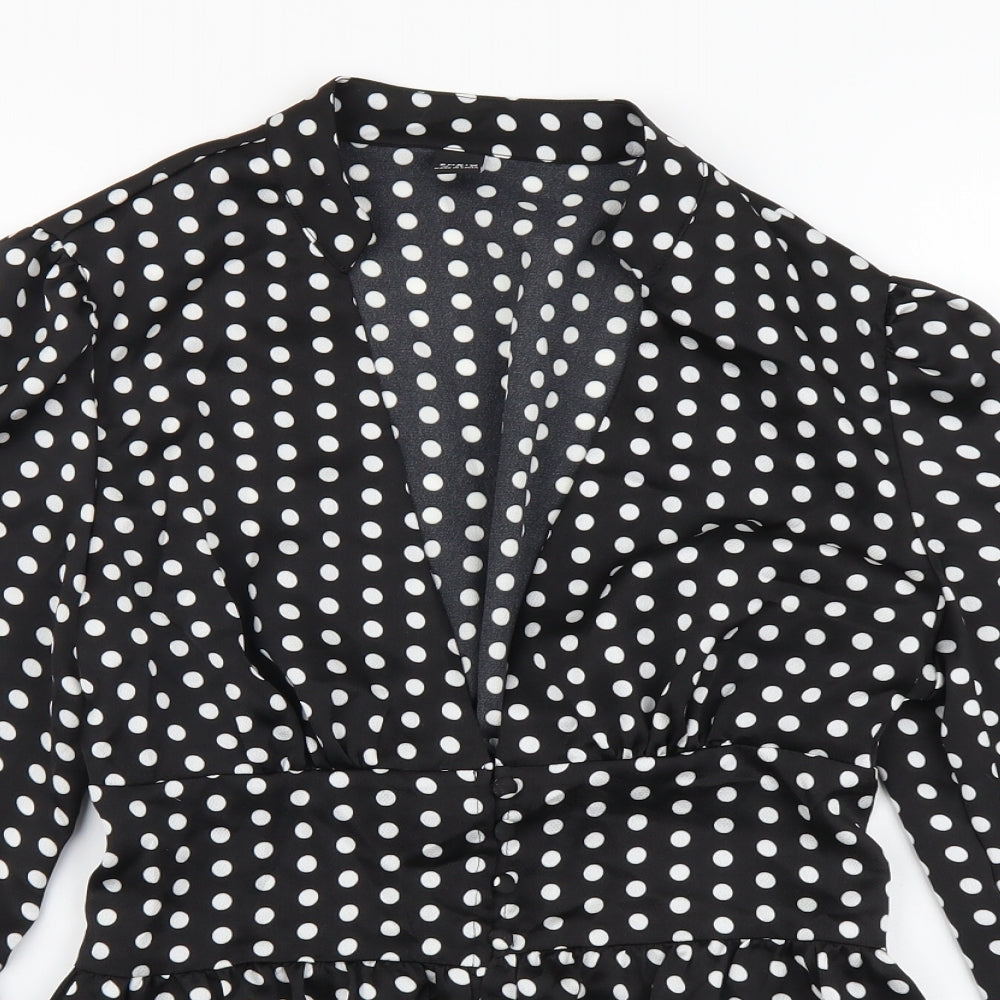 SheIn Womens Black Polka Dot Polyester Basic Button-Up Size M V-Neck