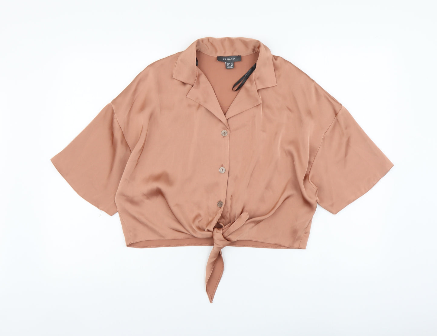 Primark Womens Pink Polyester Basic Button-Up Size 12 Collared - Tie Front