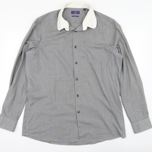 NEXT Mens Black Herringbone Polyester Button-Up Size 17 Collared Button