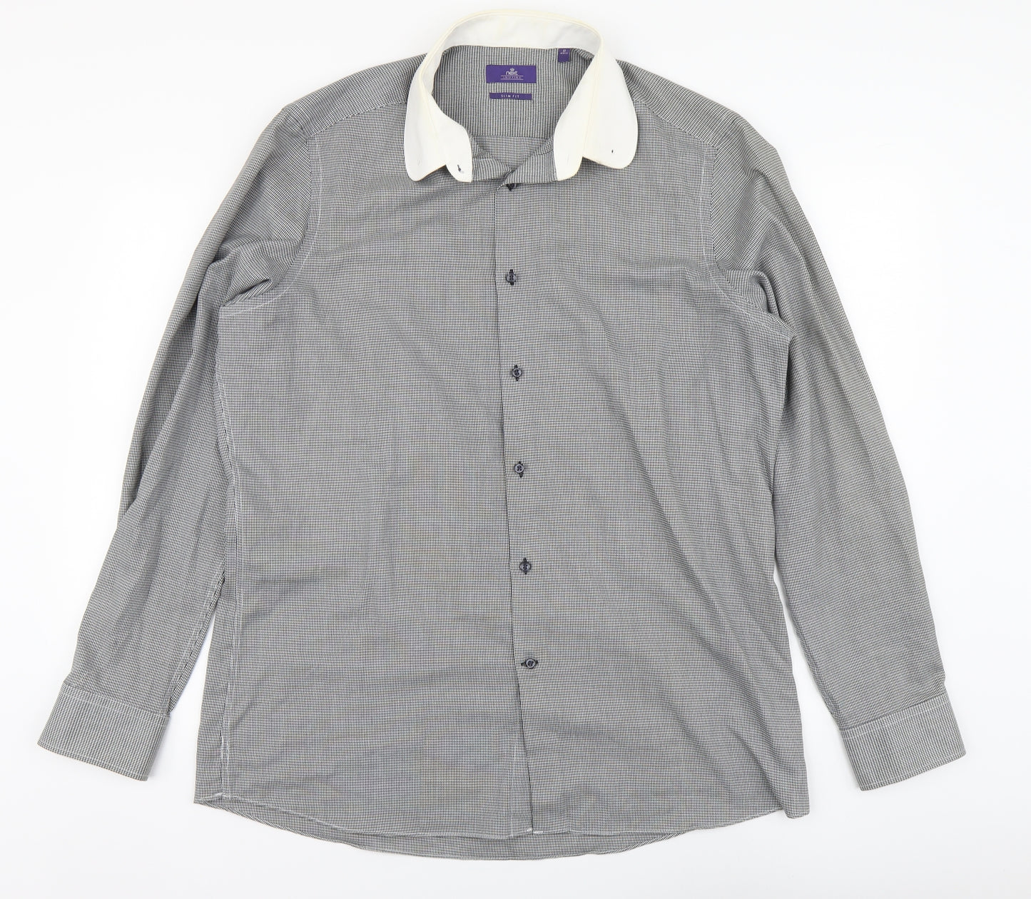 NEXT Mens Black Herringbone Polyester Button-Up Size 17 Collared Button