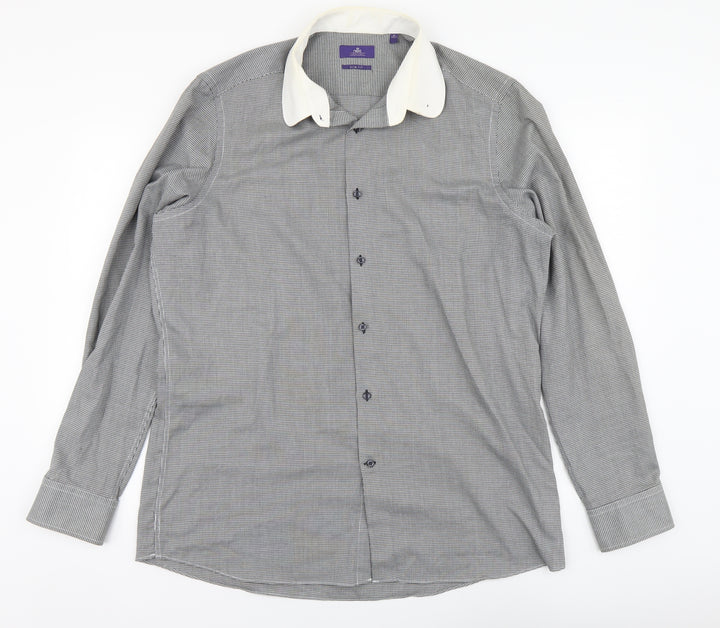 NEXT Mens Black Herringbone Polyester Button-Up Size 17 Collared Button