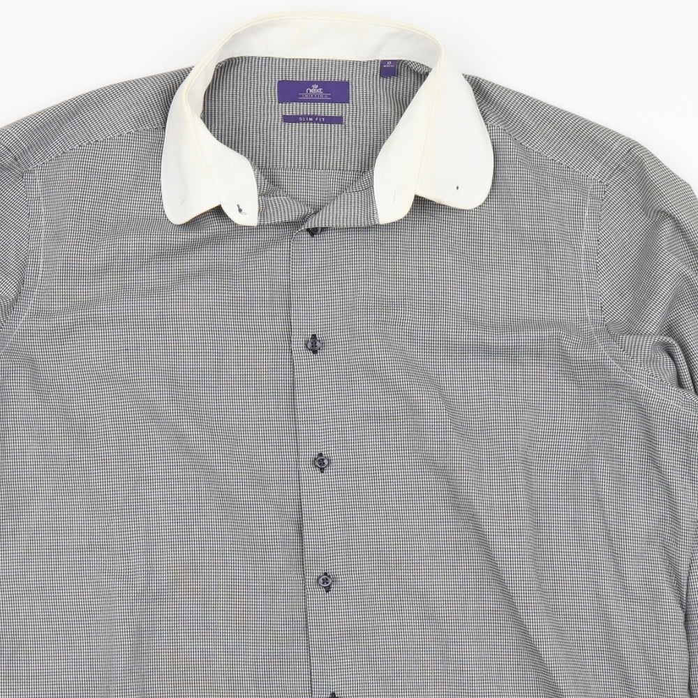 NEXT Mens Black Herringbone Polyester Button-Up Size 17 Collared Button