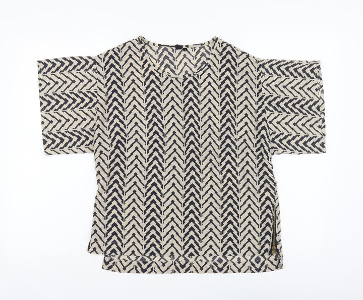 Quiz Womens Beige Geometric Polyester Basic Blouse Size 8 Round Neck