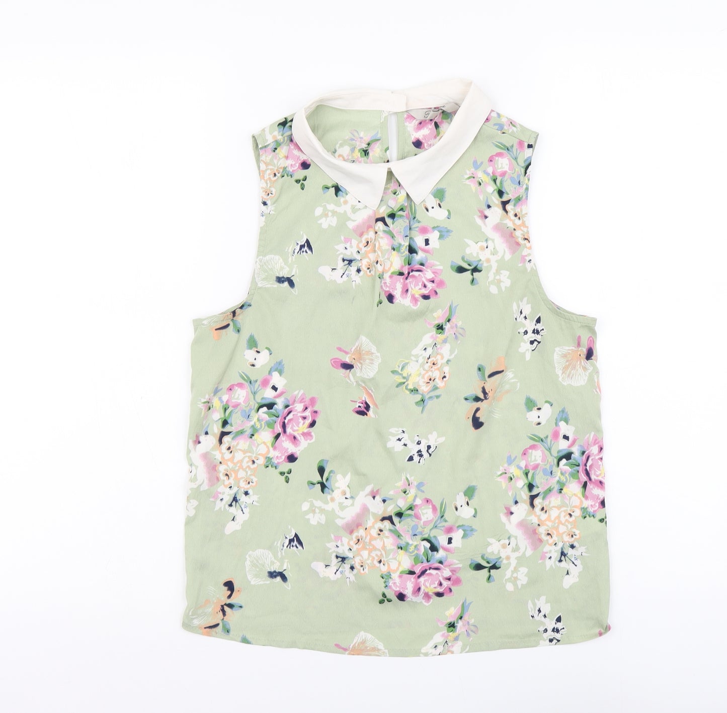 Peacocks Womens Green Floral Polyester Basic Tank Size 8 Collared