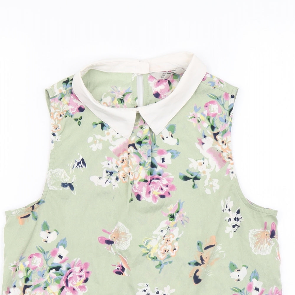 Peacocks Womens Green Floral Polyester Basic Tank Size 8 Collared