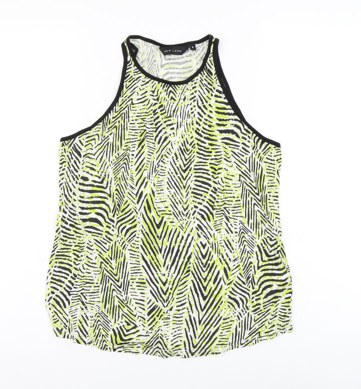 New Look Womens Green Geometric Cotton Basic Tank Size 8 Round Neck