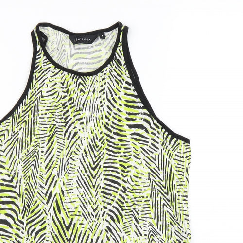 New Look Womens Green Geometric Cotton Basic Tank Size 8 Round Neck
