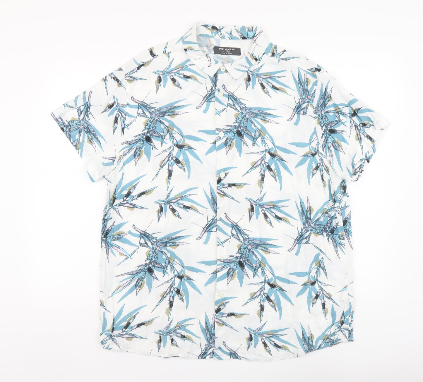 Primark Mens White Floral Viscose Button-Up Size XL Collared Button