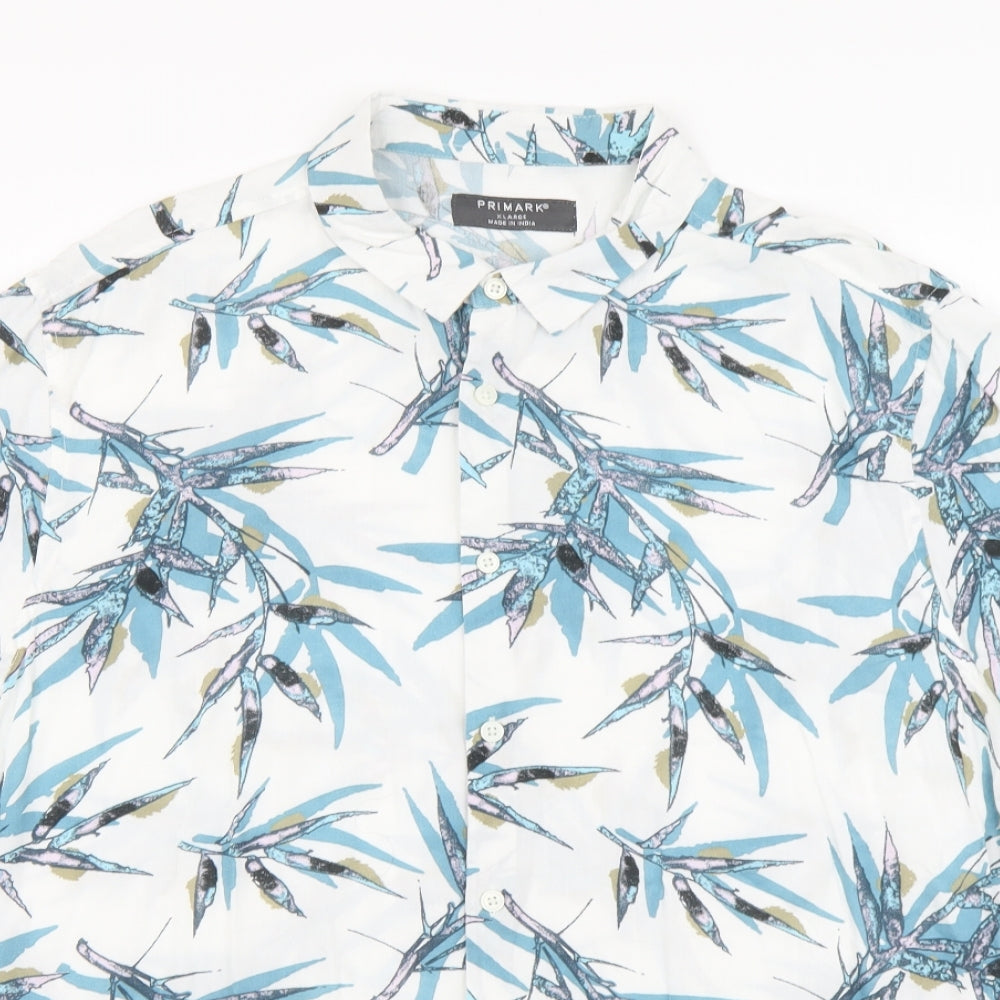 Primark Mens White Floral Viscose Button-Up Size XL Collared Button