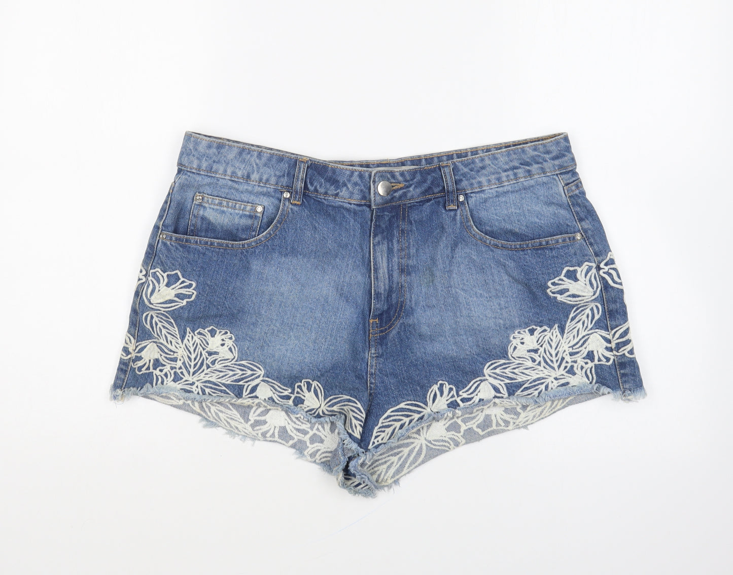 Primark Womens Blue Cotton Hot Pants Shorts Size 16 L4 in Regular Button