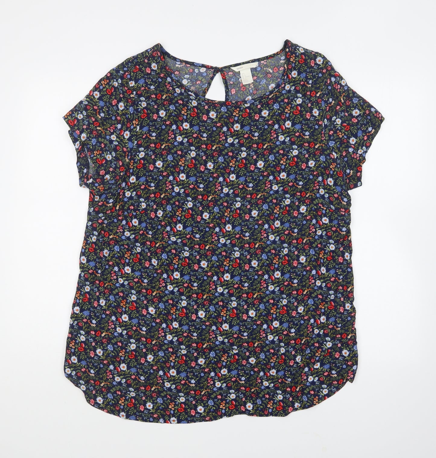 H&M Womens Blue Floral Viscose Basic Blouse Size L Round Neck