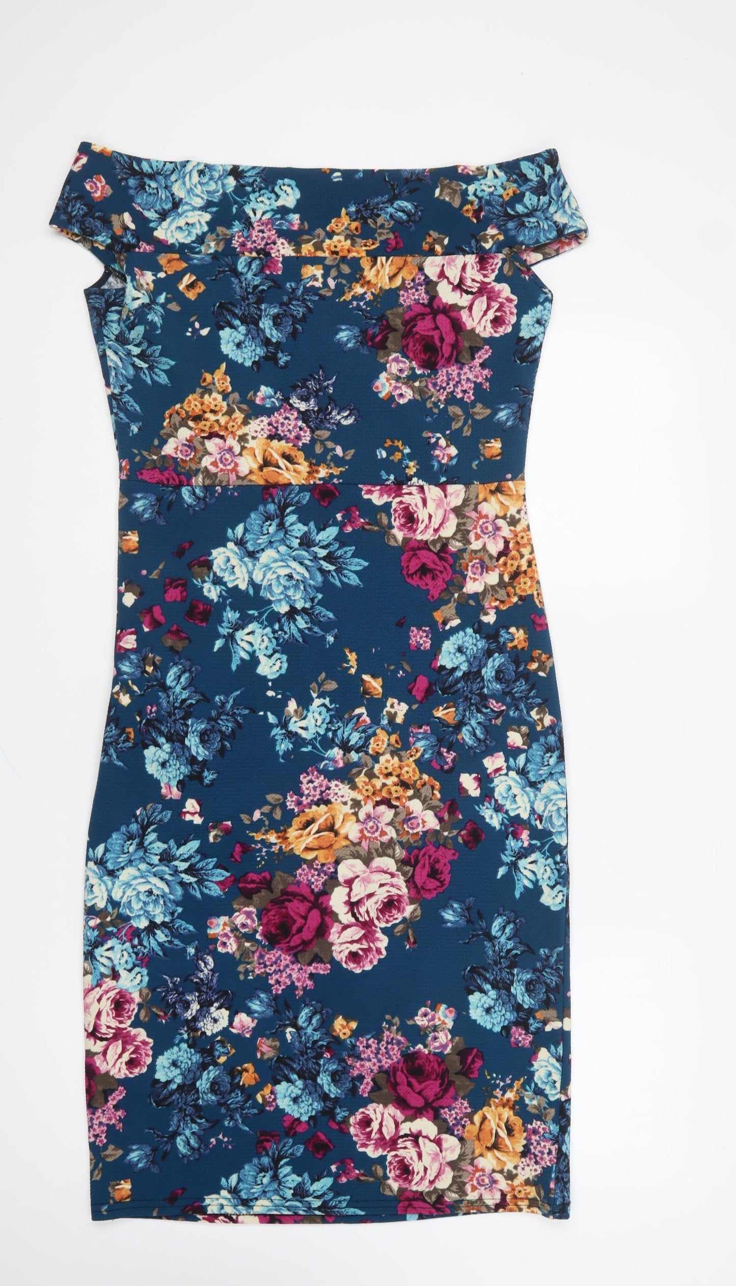 Missi London Womens Blue Floral Polyester Pencil Dress Size 14 Off the Shoulder Pullover