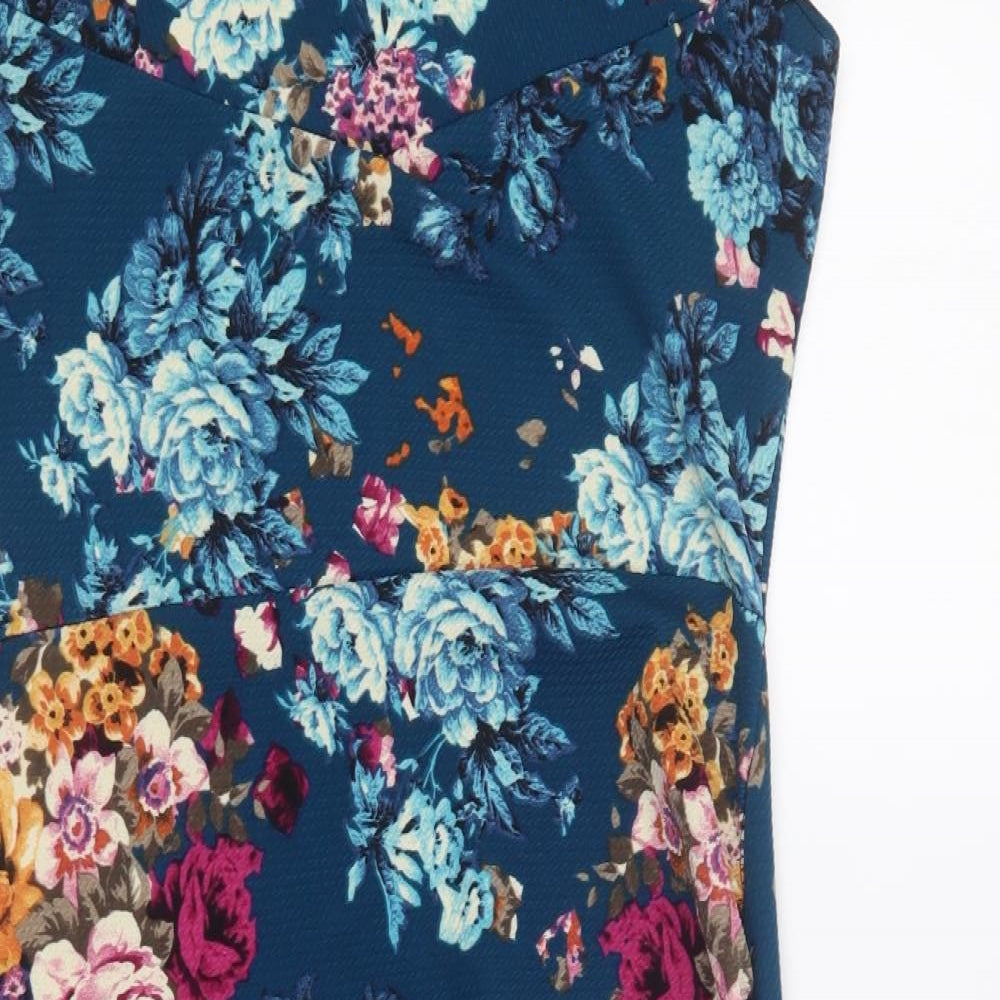 Missi London Womens Blue Floral Polyester Pencil Dress Size 14 Off the Shoulder Pullover
