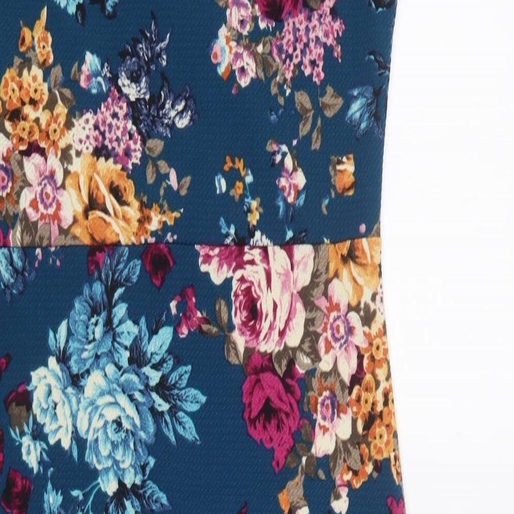 Missi London Womens Blue Floral Polyester Pencil Dress Size 14 Off the Shoulder Pullover