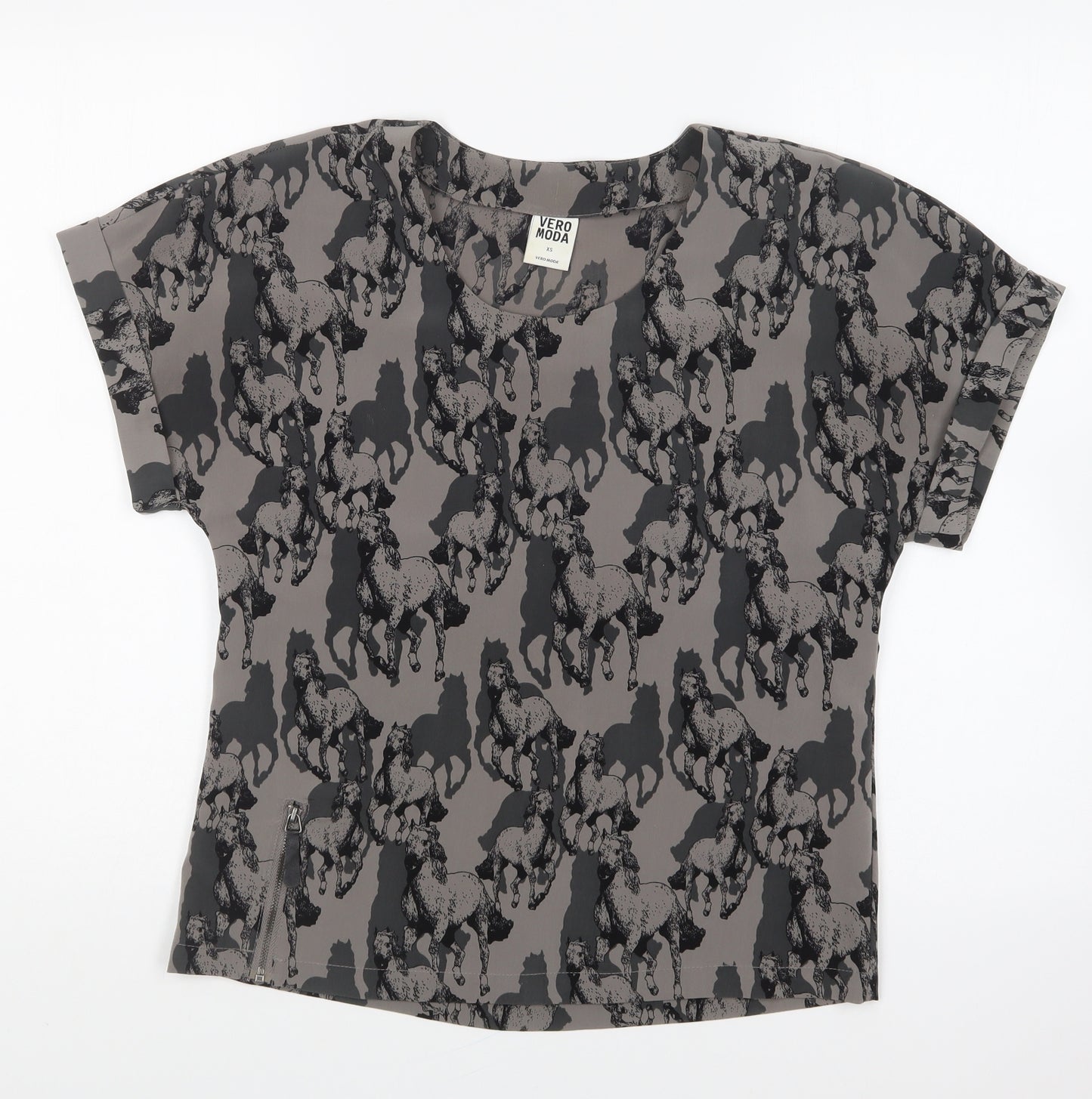VERO MODA Womens Grey Geometric Polyester Basic Blouse Size XS Round Neck - Horses