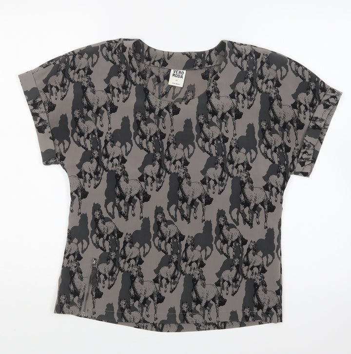 VERO MODA Womens Grey Geometric Polyester Basic Blouse Size XS Round Neck - Horses