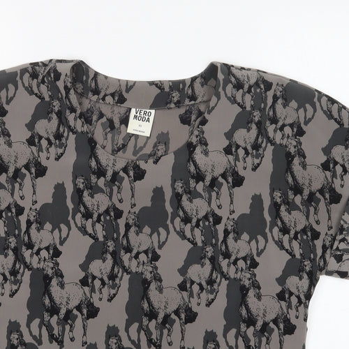 VERO MODA Womens Grey Geometric Polyester Basic Blouse Size XS Round Neck - Horses