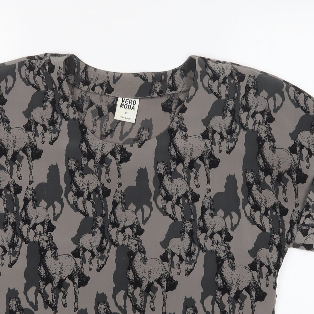 VERO MODA Womens Grey Geometric Polyester Basic Blouse Size XS Round Neck - Horses