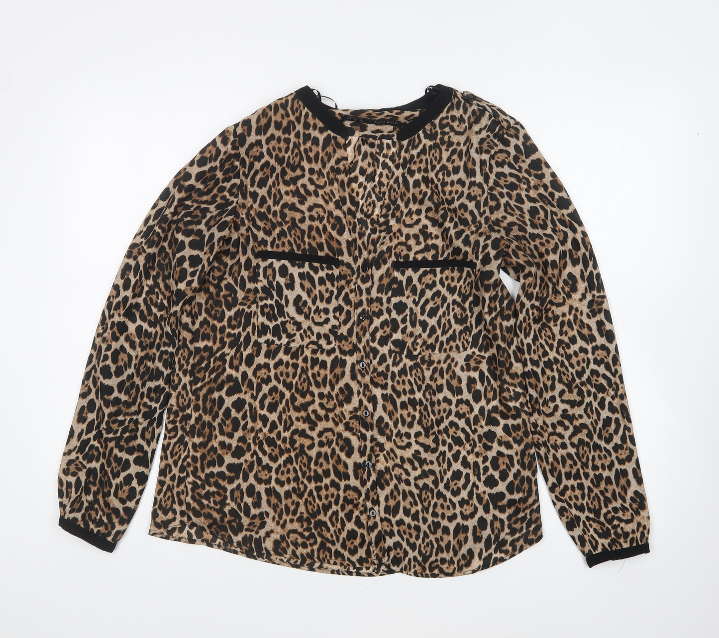 Zara Womens Brown Animal Print Polyester Basic Button-Up Size S V-Neck