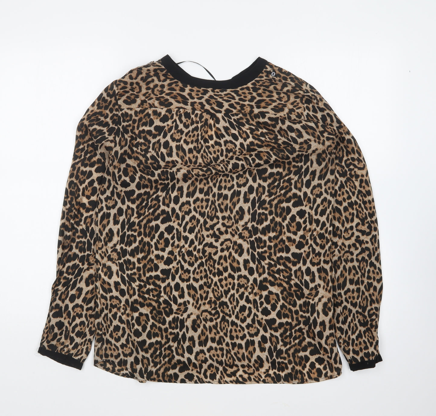 Zara Womens Brown Animal Print Polyester Basic Button-Up Size S V-Neck