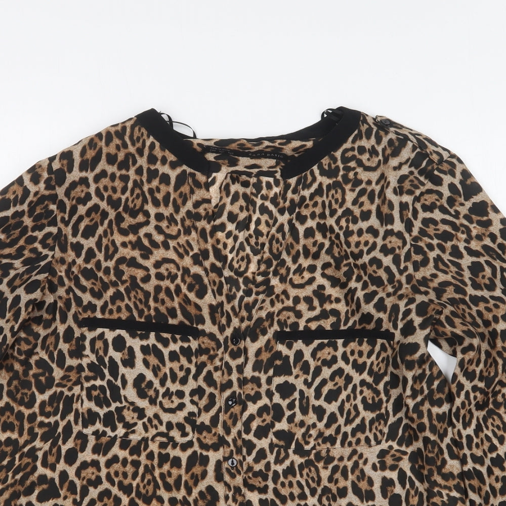Zara Womens Brown Animal Print Polyester Basic Button-Up Size S V-Neck