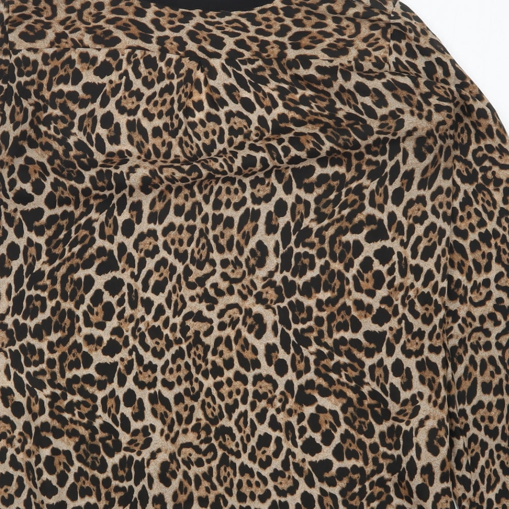 Zara Womens Brown Animal Print Polyester Basic Button-Up Size S V-Neck