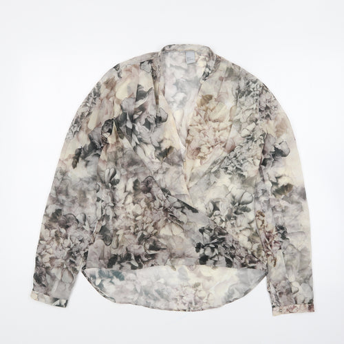 H&M Womens Grey Floral Polyester Basic Blouse Size 6 V-Neck