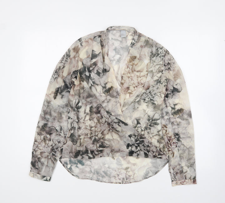 H&M Womens Grey Floral Polyester Basic Blouse Size 6 V-Neck