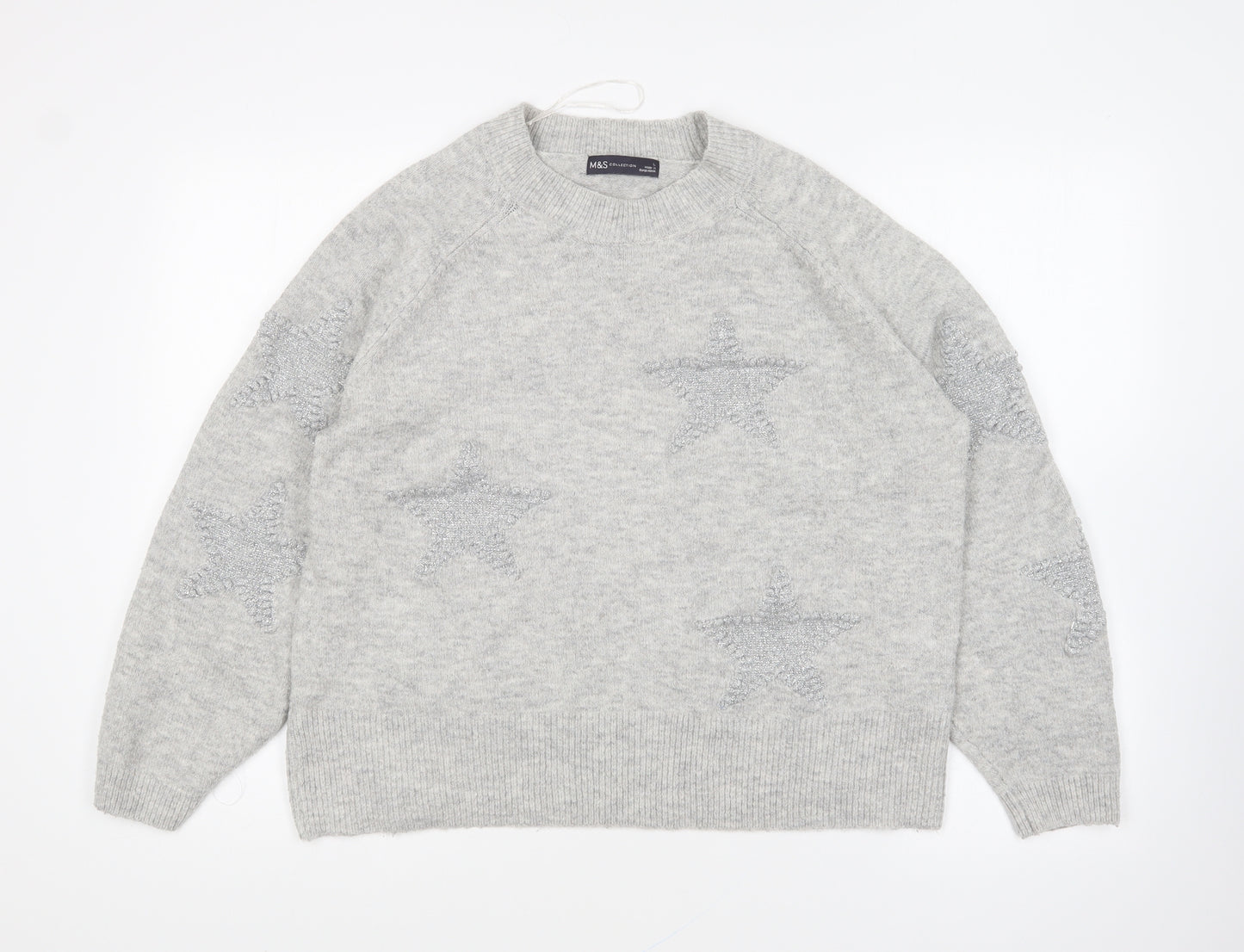 Marks and Spencer Womens Grey Round Neck Acrylic Pullover Jumper Size L - Star