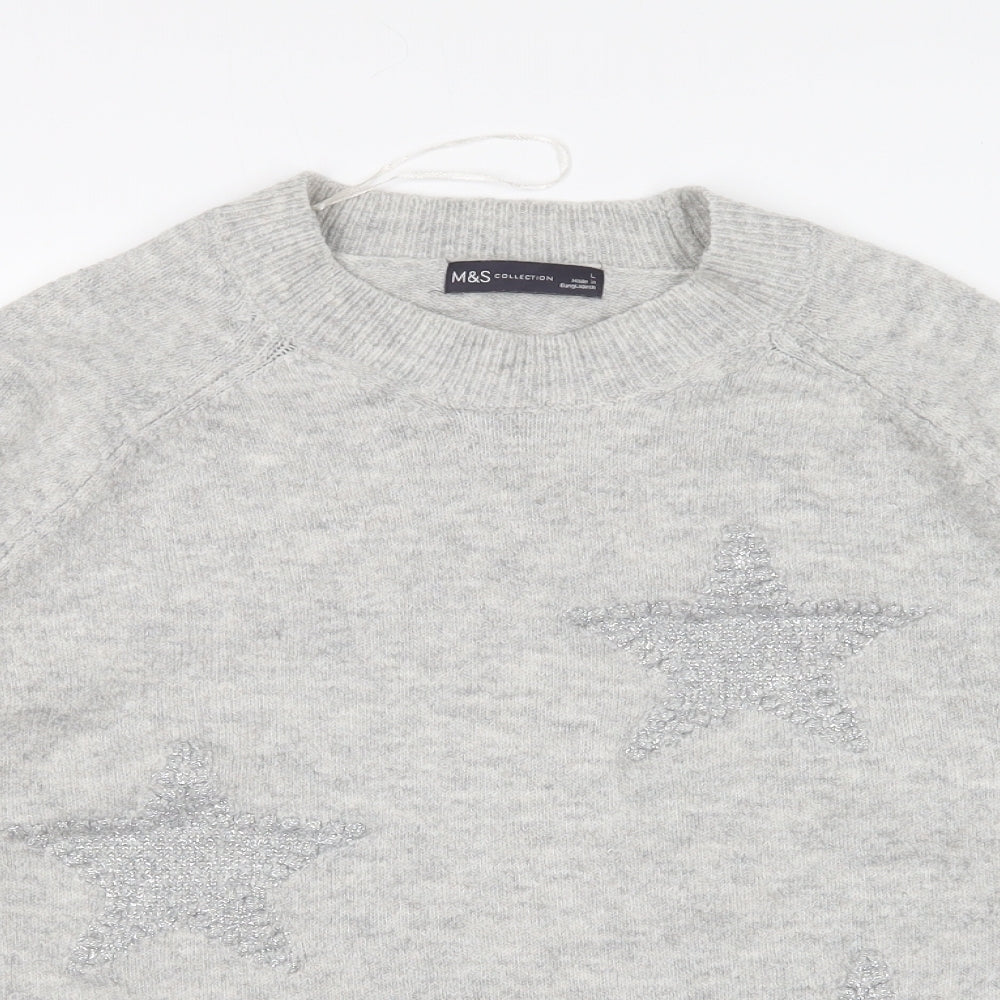Marks and Spencer Womens Grey Round Neck Acrylic Pullover Jumper Size L - Star