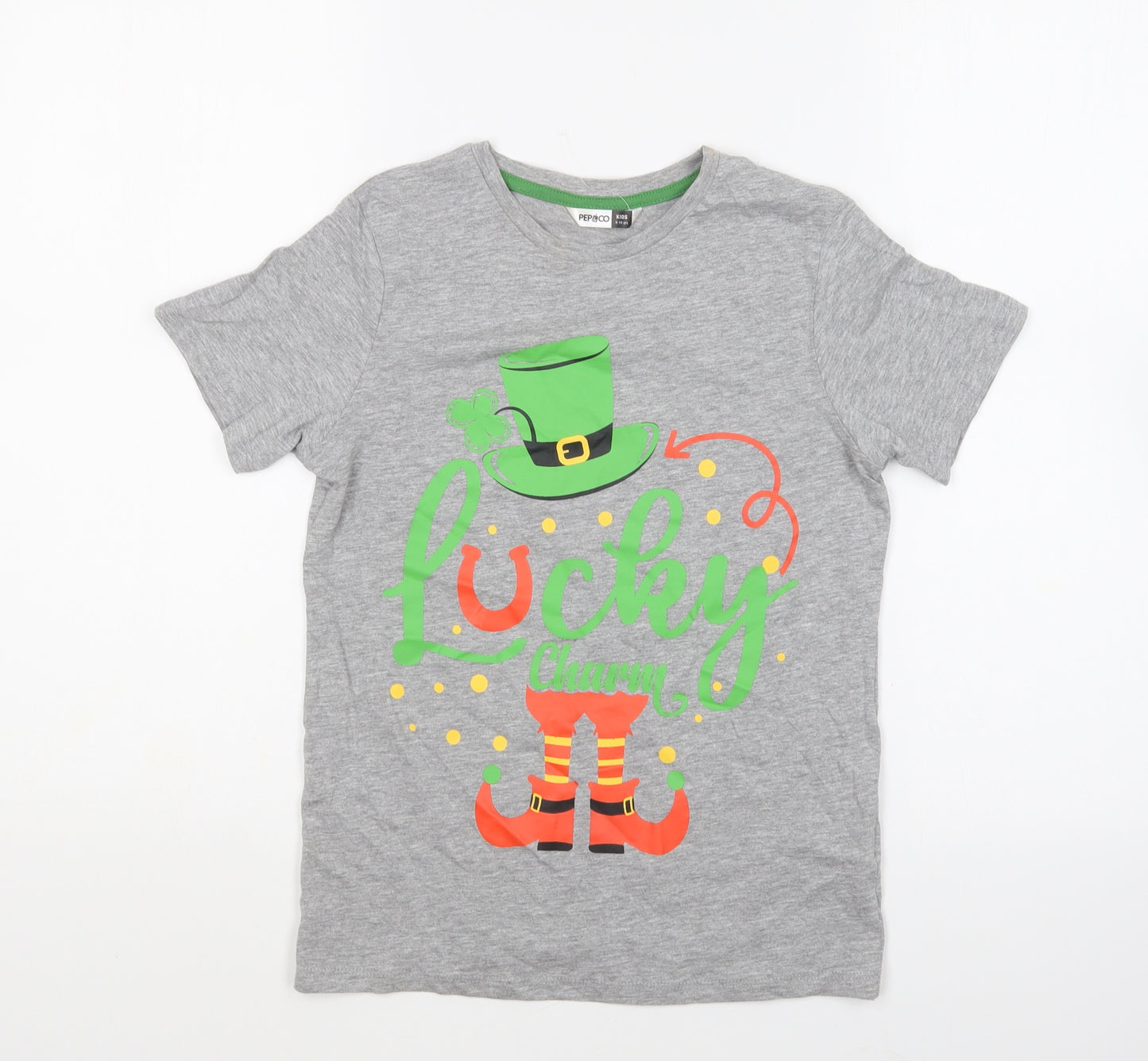 PEP&CO Boys Grey Cotton Basic T-Shirt Size 9-10 Years Round Neck Pullover - Lucky Charm