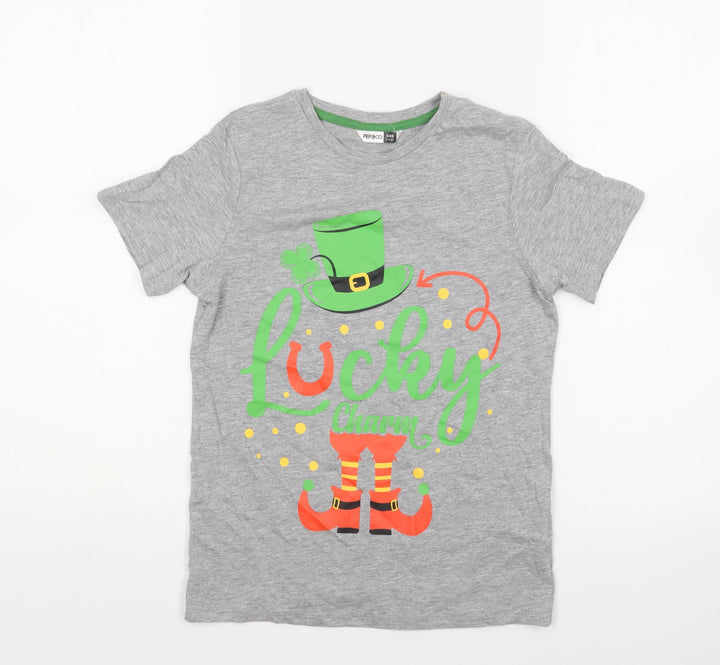 PEP&CO Boys Grey Cotton Basic T-Shirt Size 9-10 Years Round Neck Pullover - Lucky Charm