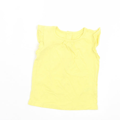 Matalan Girls Yellow Cotton Basic T-Shirt Size 9-12 Months Crew Neck Button - Ruffle Sleeves