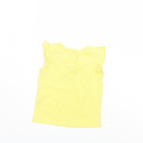 Matalan Girls Yellow Cotton Basic T-Shirt Size 9-12 Months Crew Neck Button - Ruffle Sleeves