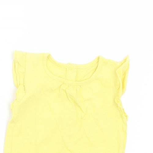 Matalan Girls Yellow Cotton Basic T-Shirt Size 9-12 Months Crew Neck Button - Ruffle Sleeves