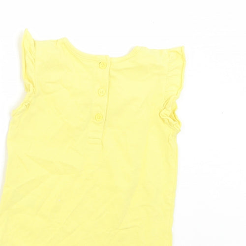 Matalan Girls Yellow Cotton Basic T-Shirt Size 9-12 Months Crew Neck Button - Ruffle Sleeves