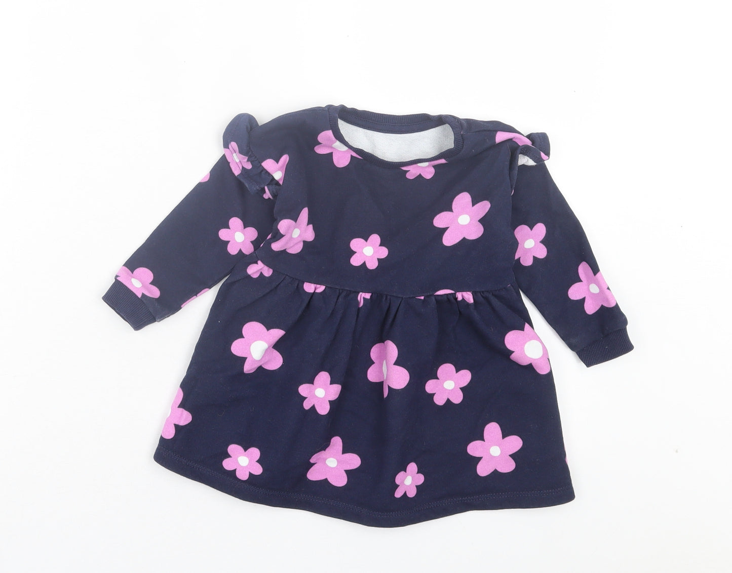 Dunnes Stores Girls Blue Floral Cotton Jumper Dress Size 9-12 Months Crew Neck Pullover