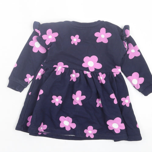 Dunnes Stores Girls Blue Floral Cotton Jumper Dress Size 9-12 Months Crew Neck Pullover