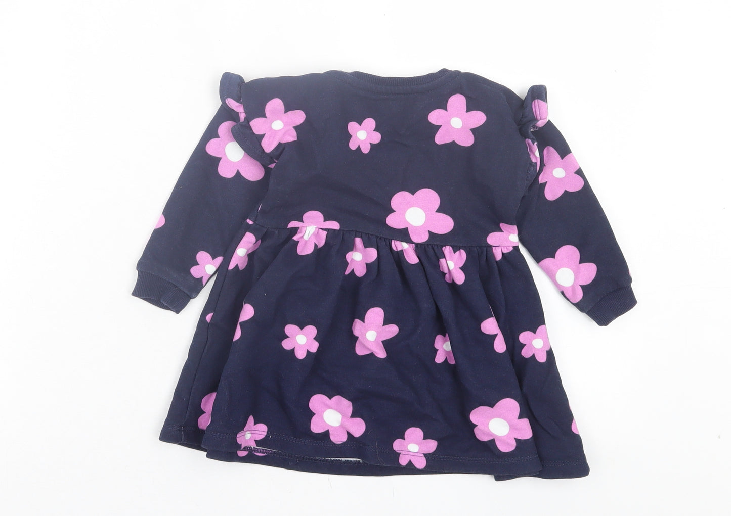 Dunnes Stores Girls Blue Floral Cotton Jumper Dress Size 9-12 Months Crew Neck Pullover