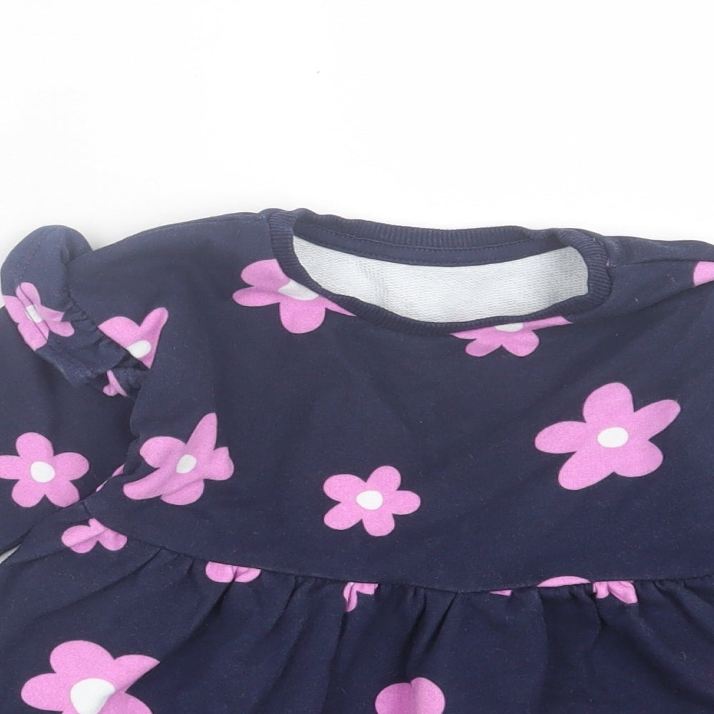 Dunnes Stores Girls Blue Floral Cotton Jumper Dress Size 9-12 Months Crew Neck Pullover