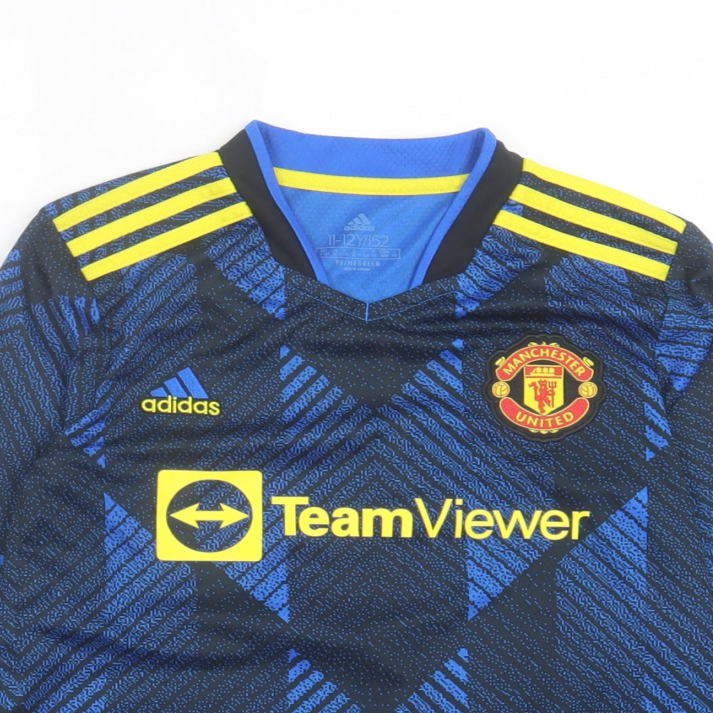 adidas Boys Blue Polyester Pullover Casual Size 11-12 Years V-Neck Pullover - Manchester United FC
