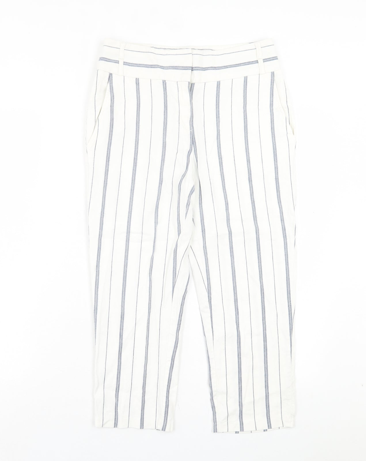 Marks and Spencer Womens White Striped Linen Cropped Trousers Size 8 L21 in Regular Hook & Eye