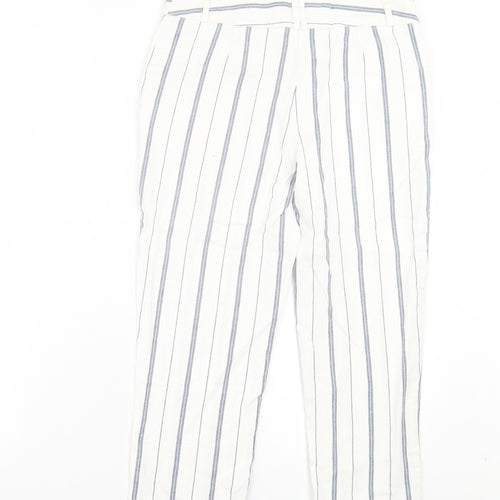 Marks and Spencer Womens White Striped Linen Cropped Trousers Size 8 L21 in Regular Hook & Eye
