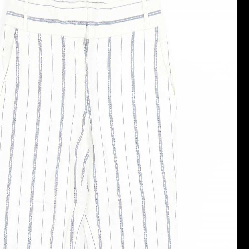 Marks and Spencer Womens White Striped Linen Cropped Trousers Size 8 L21 in Regular Hook & Eye