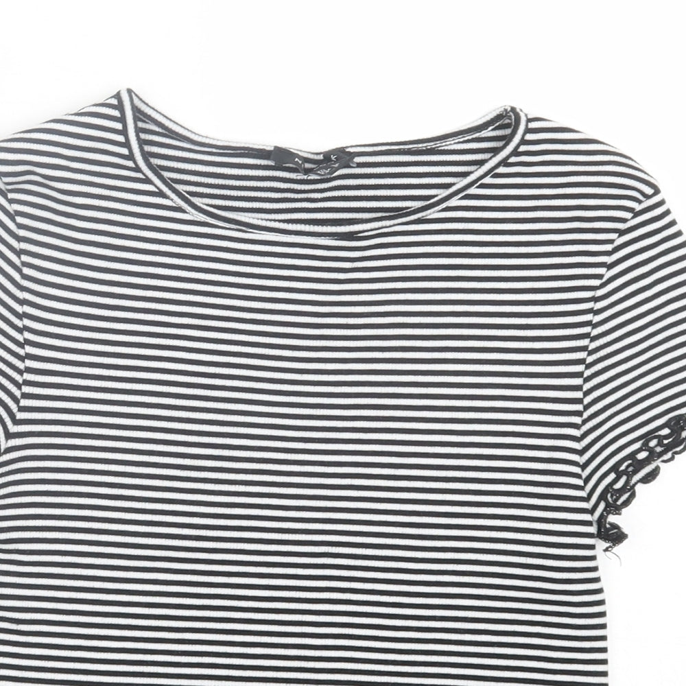 New Look Womens White Striped Cotton Basic T-Shirt Size 8 Crew Neck - Lettuce Edging